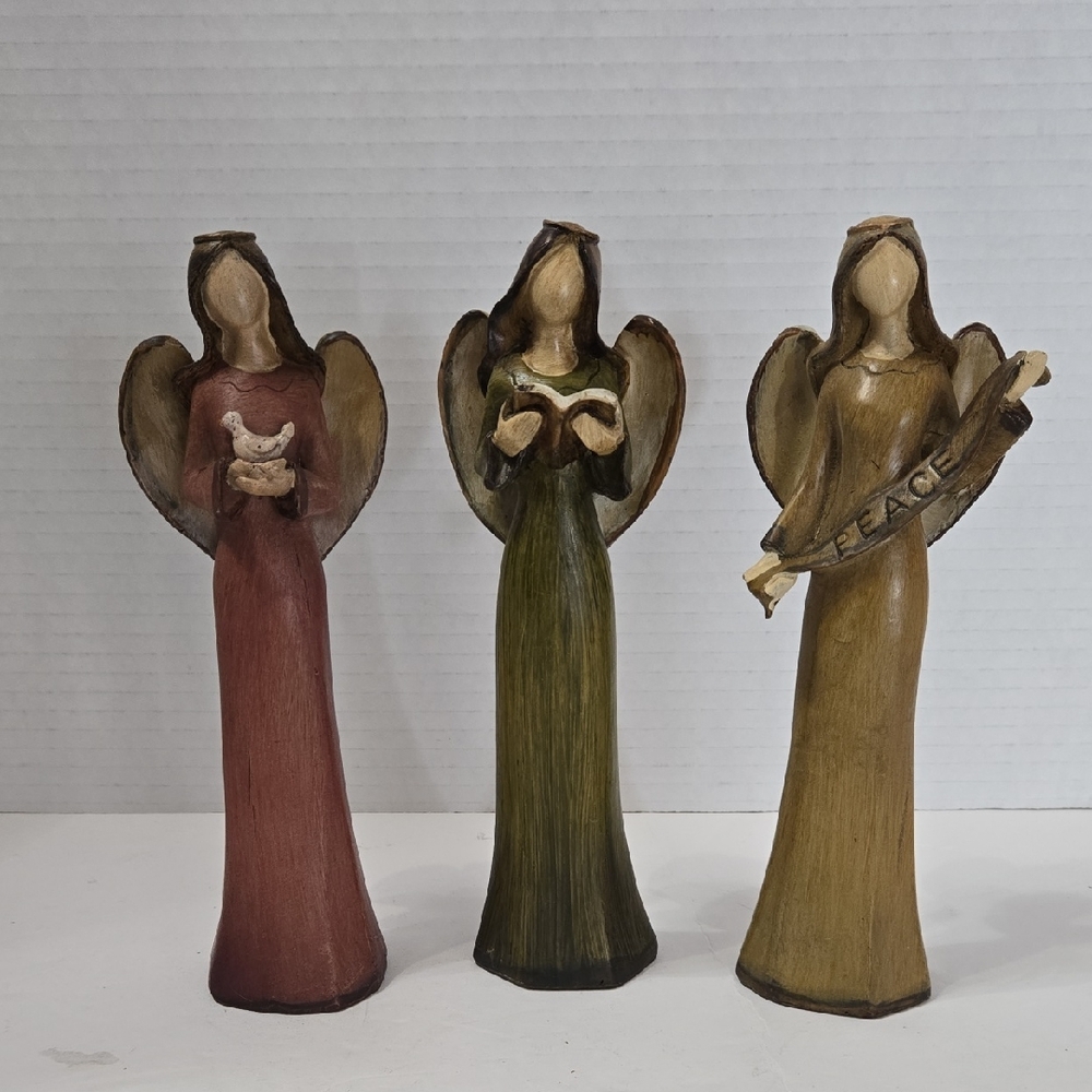 Set of three Tii Collections resin Faceless angel figurines Book Dove Peace Sign